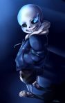  1boy glowing glowing_eye hand_in_pocket highres hoodie looking_at_viewer sans shorts signature skeleton slippers solo tagme undertale wiki234 