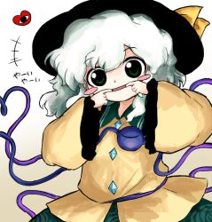  1girl black_hat buttons commentary diamond_button eyeball finger_in_own_mouth floral_print frilled_shirt_collar frilled_sleeves frills green_eyes green_hair green_skirt hat hat_ribbon heart heart_of_string heripantomorrow komeiji_koishi mouth_pull ribbon rose_print shirt skirt symbol-only_commentary third_eye touhou translation_request wide_sleeves yellow_ribbon yellow_shirt 