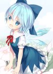  1girl blue_dress blue_eyes blue_hair blush bow cirno dress hair_bow hibanar ice ice_wings open_mouth puffy_sleeves short_hair smile solo touhou wings 
