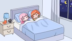  2girls :3 bed blue_pajamas blue_shirt blush_stickers braid brown_pajamas brown_shirt chibi closed_eyes closed_mouth clouds crescent death-sensei_(mori_calliope) desk_lamp green_hair highres hololive hololive_english indoors kotori_(takanashi_kiara) lamp long_hair low_twintails lying mochimiko mori_calliope multicolored_hair multiple_girls night night_sky nightstand on_back on_side orange_hair pajamas pink_hair shirt sky sleeping star_(symbol) streaked_hair takanashi_kiara twin_braids twintails under_covers virtual_youtuber window 