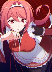  1girl apron black_pantyhose breasts chromatic_aberration frilled_apron frilled_kimono frills gradient_background hair_between_eyes hair_intakes hairband highres japanese_clothes kimono large_breasts long_hair long_sleeves looking_at_viewer low_ponytail maid maid_apron maid_headdress mikami_(nemu_mohu) pantyhose parted_lips ponytail puppet_strings re:zero_kara_hajimeru_isekai_seikatsu red_eyes red_hair red_kimono solo string wa_maid waist_apron white_apron white_hairband wide_sleeves yae_tenzen 