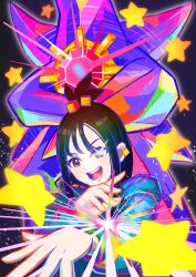  1girl black_background black_hair blue_jacket character_request ezgk385 gem glowing highres jacket mega_pokemon mega_ring mega_starmie pokemon pokemon_(creature) pokemon_legends:_z-a simple_background star_(symbol) starmie 