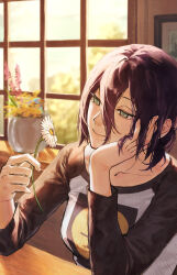  1girl absurdres black_shirt chainsaw_man closed_mouth flower green_eyes hair_between_eyes hair_flower hair_ornament hand_on_own_cheek hand_on_own_face highres indoors kani_(ympe4782) medium_hair multicolored_shirt purple_hair reze_(chainsaw_man) shirt solo white_flower white_shirt window 