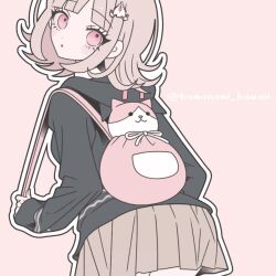  1girl :o animal_bag blush brown_hair cat_bag cowboy_shot danganronpa_(series) danganronpa_2:_goodbye_despair flipped_hair hair_ornament hood jacket komanami_kawaii long_sleeves medium_hair miniskirt nanami_chiaki pink_bag pink_eyes pleated_skirt shirt simple_background skirt solo 