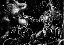  aiming alien commentary contra dark deviantart_username email_address english_commentary feet_out_of_frame gloomflower greyscale gun hatching heart hentai-foundry_username highres holding holding_gun holding_weapon lineart mecha mecha_focus monochrome no_humans patreon_username probotector robot science_fiction shield signature standing turning_head twitter_username weapon 