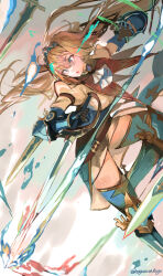  1girl armor armored_boots blue_armor blue_eyes blue_thighhighs boots feet_out_of_frame floating floating_object floating_sword floating_weapon gauntlets highres holding holding_sword holding_weapon juliet_sleeves knight long_hair long_sleeves miniskirt multiple_swords multiple_weapons nagasawa_tougo open_mouth original princess_knight_(nagasawa_tougo) puffy_sleeves skirt solo spread_legs sword thigh-highs thigh_boots thighs tiara twitter_username weapon 