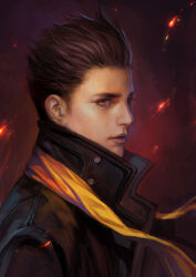  1boy black_jacket brown_eyes brown_hair commentary_request embers jacket kdash male_focus parted_lips portrait red_background scarf sengoku_basara sideburns solo tokugawa_ieyasu_(sengoku_basara) upper_body yellow_scarf 