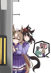  1boy 3girls animal_ears black_hair bow bowtie brown_eyes brown_hair ear_ornament english_text flying_sweatdrops grey_hair hiding highres horse_ears horse_girl horse_tail horseshoe_ornament kitasan_black_(umamusume) multiple_girls peeking pleated_skirt purple_sailor_collar purple_serafuku purple_shirt purple_skirt purple_thighhighs red_eyes sailor_collar satono_diamond_(umamusume) school_uniform serafuku shirt skirt soramuko sweat tail thigh-highs tracen_school_uniform trainer_(umamusume) umamusume utility_pole white_bow white_bowtie 