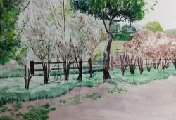  bare_tree day dirt_road fence grass harusa1107 highres no_humans original painting_(medium) path road scenery sky traditional_media tree watercolor_(medium) white_background white_sky wooden_fence 