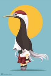  1girl bird black_thighhighs black_wrist_cuffs blue_background chameleon_man_(three) crane_(animal) grey_hair hakama hakama_skirt japanese_clothes kantai_collection long_hair muneate pun red_skirt shoukaku_(kancolle) skirt solo standing sun thigh-highs wrist_cuffs wristband 