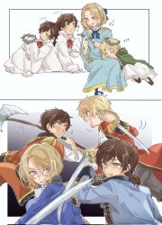  4boys aged_down ascot axe axis_powers_hetalia blonde_hair blue_tunic bow brown_hair child cloak flower_wreath france_(hetalia) green_cloak green_eyes hair_bow highres holding holding_axe holding_sword holding_weapon jacket male_focus medium_hair multiple_boys open_mouth ponytail portugal_(hetalia) short_hair smile spain_(hetalia) sword thick_eyebrows tunic united_kingdom_(hetalia) violet_eyes weapon yumar830 