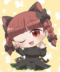  1girl ;3 ;d animal_background animal_ear_fluff animal_ears bird black_bow black_dress blunt_bangs blush bow braid breasts cat_ears cat_girl cat_tail chibi chibi_only commentary dress frilled_dress frills full_body hair_bow hands_up highres kaenbyou_rin long_hair long_sleeves looking_at_viewer multiple_tails one_eye_closed open_mouth red_eyes red_hair reiuji_utsuho reiuji_utsuho_(bird) rokugou_daisuke signature sitting smile solo tail touhou twin_braids two_tails yellow_background 