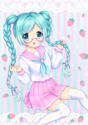  1girl alternate_costume alternate_hairstyle aqua_eyes aqua_hair bespectacled braid feet_out_of_frame food fruit glasses hatsune_miku highres holding holding_own_hair kigidere long_hair long_sleeves looking_at_viewer making-of_available miniskirt open_mouth pink_sailor_collar pink_skirt pleated_skirt sailor_collar semi-rimless_eyewear shirt sitting skirt solo strawberry striped_background thigh-highs twin_braids under-rim_eyewear vocaloid white_shirt white_thighhighs zettai_ryouiki 