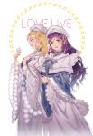  2girls ayase_eli beret blonde_hair book bow closed_eyes copyright_name green_eyes hat holding holding_book long_hair love_live!_school_idol_project majiang multiple_girls musical_note open_mouth profile purple_hair toujou_nozomi white_background white_wings wings 