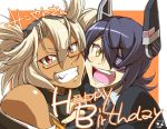  2girls bare_shoulders blonde_hair cheek-to-cheek collarbone commentary_request dark_skin eyepatch fangs fingerless_gloves glasses gloves happy_birthday holding_hands kantai_collection multiple_girls musashi_(kantai_collection) purple_hair red_eyes short_hair smile tenryuu_(kantai_collection) translation_request tsuzuki_masumi two_side_up yellow_eyes 