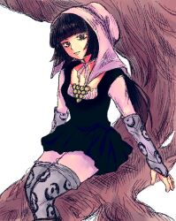  1girl animal_print black_dress black_hair blunt_bangs dress e0aga highres jojo_no_kimyou_na_bouken leopard_print looking_at_viewer print_thighhighs sitting smile solo steel_ball_run sugar_mountain thigh-highs tree 