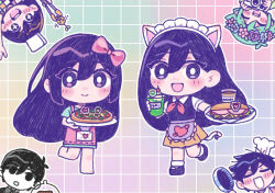  +_+ 2girls 4boys animal_ears apron aubrey_(headspace)_(omori) aubrey_(omori) barefoot basil_(headspace)_(omori) basil_(omori) black_eyes black_hair blue_shirt blush bright_pupils brother_and_sister brothers camera cat_ears cat_tail chef_hat chibi chibi_only closed_mouth collared_shirt colored_skin commentary_request double-parted_bangs fake_animal_ears fake_tail flat_top_chef_hat flower flower_wreath food frying_pan green_hair hair_between_eyes hat head_wreath headdress hero_(headspace)_(omori) hero_(omori) highres holding holding_camera holding_frying_pan holding_plate holding_tongs holding_tray kato_(momota_rosan) kel_(headspace)_(omori) kel_(omori) long_hair looking_at_viewer mari_(headspace)_(omori) mari_(omori) multiple_boys multiple_girls neckerchief omori omori_(omori) open_mouth pink_apron pizza plate purple_hair purple_sweater_vest red_neckerchief sandwich shirt short_hair short_sleeves siblings simple_background smile sprout_mole sweater_vest tail teeth tongs tray upper_teeth_only violet_eyes white_hat white_pupils white_shirt white_skin 