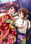  2girls :o absurdres brown_eyes brown_hair floral_print flower hair_flower hair_ornament hibike!_euphonium highres holding_paper japanese_clothes multiple_girls open_mouth oumae_kumiko oumae_mamiko outdoors paper smile standing 