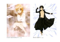  1girl absurdres asuna_(sao) bathroom black_eyes black_hair breasts brown_eyes brown_hair cleavage covering covering_breasts highres kirito long_hair navel nude sakou_yukie sword_art_online 