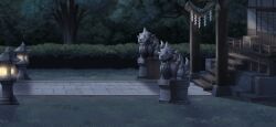  architecture box bush donation_box east_asian_architecture game_cg hakurei_shrine komainu night no_humans non-web_source official_art outdoors path rope scenery shide shimenawa shrine stairs stone_lantern touhou touhou_gensou_eclipse tree 