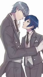  1boy 1girl black_necktie blue_eyes blue_hair collared_shirt commentary_request from_side gloves grey_hair grey_jacket grey_pants hetero highres imminent_kiss jacket narukami_yu necktie pants persona persona_4 reverse_trap shirogane_naoto shirt usa_(kawaii_152cm) white_gloves white_shirt 