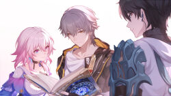  1girl 2boys absurdres bad_link black_choker black_gloves black_hair black_jacket blue_eyes blue_jacket book caelus_(honkai:_star_rail) choker closed_mouth dan_heng_(honkai:_star_rail) fingerless_gloves gloves grey_hair highres holding holding_book honkai:_star_rail honkai_(series) jacket long_sleeves looking_down march_7th_(honkai:_star_rail) march_7th_(preservation)_(honkai:_star_rail) multicolored_eyes multiple_boys official_art pink_eyes pink_hair simple_background smile trailblazer_(honkai:_star_rail) two-tone_eyes upper_body white_background yellow_eyes 