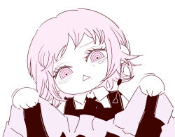  1girl chainsaw_man chibi chibi_only clothes_lift deer60868637 dress dress_lift earrings fami_(chainsaw_man) fourth_east_high_school_uniform jewelry lifting_own_clothes limited_palette pinafore_dress purple_hair ringed_eyes school_uniform sleeveless sleeveless_dress solo violet_eyes 