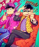  2boys \m/ aqua_background artist_name backwards_hat baseball_cap belt black_hair brothers couch crossed_legs english fishnet_fabric fishnets floral_print half-closed_eyes hand_in_pocket hands_in_pockets hat ichimatsu jewelry karamatsu leopard_print male_focus multicolored_background multiple_boys necklace o2_(o2mm) osomatsu-kun osomatsu-san pants pointing pointing_at_viewer popped_collar siblings sitting smile sparkle star track_pants vest 