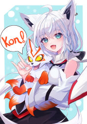  1girl absurdres animal animal_ears bare_shoulders black_skirt blue_background blue_eyes blush border breasts crossover detached_sleeves fox fox_ears fox_girl fox_shadow_puppet geats_chemy highres holding holding_animal kamen_rider kamen_rider_geats_(series) medium_breasts open_mouth shirakami_fubuki shirt simple_background skirt soma443 strongest_chemy_great_gotcha_operation virtual_youtuber voice_actor_connection white_border white_hair white_shirt 