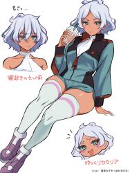  1girl ahoge artist_name asticassia_school_uniform blush closed_mouth collar commentary_request cup dark-skinned_female dark_skin drinking_straw fluffy_hair green_eyes gundam gundam_suisei_no_majo highres holding holding_cup leotard long_sleeves nekomiya_mizuki school_uniform secelia_dote short_shorts shorts smug striped_clothes striped_thighhighs thick_thighs thigh-highs thighs twitter_username white_hair white_leotard white_nails zettai_ryouiki 