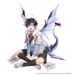  1boy absurdres anger_vein black_hair black_shorts black_socks black_tail black_wings blue_eyes blue_shirt blue_shoes blue_tail blue_wings cain_(king&#039;s_raid) commentary_request crayon crayon_drawing cross crumpled_paper dragon_boy dragon_tail dragon_wings drawing_(object) fake_halo fangs full_body fur_trim green_ribbon halo highres jaeyun king&#039;s_raid kneehighs laias_(king&#039;s_raid) multicolored_shoes musical_note neraxis official_alternate_costume official_art open_mouth paper pointy_ears red_ribbon ribbon sheet_music shirt shoes short_hair shorts simple_background socks solo spiked_tail sweater tail white_background white_fur white_shoes white_sweater wings 