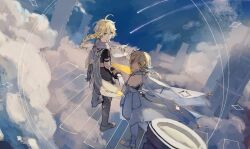  1boy 1girl aether_(genshin_impact) ahoge architecture arm_armor bare_shoulders black_boots black_gloves black_pants black_shirt blonde_hair blue_sky boots braid brother_and_sister cape closed_mouth clouds cloudy_sky commentary_request day detached_sleeves dress feather_hair_ornament feathers fingerless_gloves floating_clothes floating_hair flower from_behind from_side full_body genshin_impact gloves hair_between_eyes hair_flower hair_ornament hair_ribbon hand_up highres holding_hands issnnkw long_hair long_sleeves looking_at_viewer low-braided_long_hair low-tied_long_hair lumine_(genshin_impact) midriff outdoors pants ribbon scarf shirt shooting_star short_hair short_sleeves siblings sidelocks single_braid sky sleeveless sleeveless_dress smile stairs standing thigh_boots white_boots white_cape white_dress white_flower white_ribbon white_scarf white_sleeves yellow_eyes 