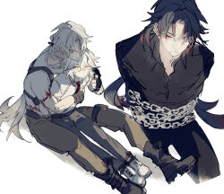 age_difference aged_down black_gloves black_shirt blade_(honkai:_star_rail) blue_hair boots bound bound_arms chain child collared_shirt fingerless_gloves gloves hair_over_one_eye highres honkai:_star_rail honkai_(series) hug hug_from_behind jing_yuan long_hair low_ponytail male_focus mississipping multiple_boys on_floor pants parted_bangs ponytail red_eyes shirt shoes short_sleeves sitting sitting_on_person t-shirt white_background white_hair white_shirt yellow_eyes 