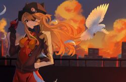  1girl absurdres bandages bird black_hat blue_eyes bodysuit breasts city clouds cloudy_sky evangelion:_3.0_you_can_(not)_redo eyepatch feathers hand_in_pocket hat hat_with_ears highres jacket jiabingkele long_hair mecha_pilot_suit medical_eyepatch neon_genesis_evangelion orange_hair plugsuit_(evangelion) rebuild_of_evangelion red_bodysuit red_jacket sky souryuu_asuka_langley sunset 