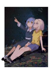  2girls absurdres aged_down ampheta bang_dream! bang_dream!_it&#039;s_mygo!!!!! blonde_hair blue_eyes blue_hair blue_shirt border commentary_request constellation hair_between_eyes highres holding_hands misumi_uika multiple_girls night night_sky outside_border pointing shirt short_sleeves sky star_(sky) starry_sky togawa_sakiko violet_eyes white_border yellow_eyes 