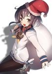  1girl black_hair brown_eyes hairband hat kantai_collection multicolored_hair open_mouth pantyhose sack sailor_dress santa_hat school_uniform serafuku shiba_nanasei short_hair smile solo tokitsukaze_(kantai_collection) 