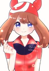  1girl bandana bike_shorts bike_shorts_under_shorts blue_eyes blush brown_hair finger_heart highres looking_at_viewer ma_chimachi_128 may_(pokemon) pokemon pokemon_rse red_bandana red_shirt shirt short_hair shorts smile 