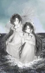  :d :o absurdres aged_down black_hair dress grey_sky highres isolde_(reverse:1999) juliet_sleeves long_dress long_hair long_sleeves looking_at_viewer lv11 ocean puffy_sleeves reverse:1999 skirt_hold sky smile time_paradox very_long_hair violet_eyes wading white_dress 