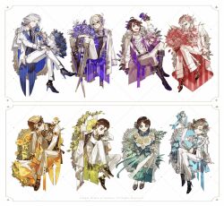  3girls 5boys :d ahoge aiguillette androgynous anemone_(flower) ankle_boots arm_support ascot baby&#039;s-breath back_bow bandaged_chest bandaged_neck bandages bead_necklace beads bell-bottoms belt belt_buckle bib_collar black_belt black_boots black_eyes black_gloves black_hair black_shoes black_vest blonde_hair blue_bow blue_bowtie blue_coat blue_eyes blue_flower blue_hairband blue_necktie blue_rose blue_sash blue_vest boots border bottle bouquet boutonniere bow bow_hairband bowtie bridge_piercing brooch brown_belt brown_hair brown_hat bruise bruised_eye buckle burn_scar button_eyes buttons capelet carrying_over_shoulder center_frills closed_mouth coat coat_on_shoulders collar_chain_(jewelry) collared_shirt color_coordination copyright_notice cross-laced_pants cross-laced_shoes cross_brooch crossed_legs cuff_links curtained_hair daisy_(flower) domino_mask double-breasted dress_shoes emma_woods epaulettes eye_mask face_piercing falling_petals fang finger_claws fingernails flats flipped_hair flower flower_request flower_to_mouth fold-over_boots footwear_flower freckles freesia_(flower) frilled_pants frilled_sleeves frills frown full_body gem gerbera gloves green_bow green_eyes green_jacket green_necktie green_socks grey_ascot grey_boots grey_eyes grid_background hair_between_eyes hair_bow hair_flower hair_ornament hair_pulled_back hair_ribbon hairband half-closed_eyes half_gloves hand_on_own_knee hat head_on_knee herbarium high_heel_boots high_heels highres holding holding_bottle holding_bouquet holding_flower identity_v injury invisible_chair ithaqua_(identity_v) jacket jacket_on_shoulders jewelry joseph_desaulniers juliet_sleeves knee_boots knee_up knees_up lace-up_boots lapel_pin lapels lavender_(flower) legs_together lineup loafers long_fingernails long_hair long_hair_between_eyes long_sleeves looking_at_flowers looking_at_viewer low_ponytail luca_balsa mary_(identity_v) mask multiple_boys multiple_girls naib_subedar neck_flower neck_ribbon necklace necktie newsboy_cap norton_campbell nose_piercing notched_lapels official_art open_clothes open_coat open_collar open_jacket orange_bow orange_socks orange_vest pant_suit pants parted_bangs parted_lips peaked_lapels petals picture_frame piercing pink_flower pink_ribbon pink_rose pink_vest pinstripe_pants pinstripe_pattern pinstripe_vest ponytail puffy_sleeves purple_bow purple_bowtie purple_coat purple_flower purple_ribbon purple_rose purple_shirt red_bow red_coat red_flower red_gemstone red_nails red_rose ribbon rose sash scabiosa_(flower) scar scar_on_face sharp_fingernails shirt shoes short_hair short_ponytail shoulder_sash side_part simple_background sitting sleeve_cuffs sleeve_garter sleeves_rolled_up smile socks solid_eyes stiletto_heels stilts stitched_mouth stitches striped_clothes striped_coat striped_socks suit sun_symbol suspenders swept_bangs tailcoat teeth two-sided_coat two-sided_fabric two-sided_jacket two-tone_vest undone_bowtie upper_teeth_only v-shaped_eyebrows vest wallet_chain wavy_hair wendy_foote white_background white_border white_capelet white_coat white_flower white_hair white_jacket white_pants white_rose white_shirt white_suit white_vest yellow_flower zero_(jckz2334) 