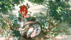  1girl bare_shoulders closed_eyes dappled_sunlight detached_sleeves flower highres holding holding_instrument horns instrument music outdoors playing_instrument red_hair sitting solo sunlight thigh-highs wuthering_waves xiaojiaju 