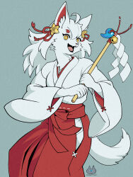  1girl arrow_(projectile) blue_background body_fur cowboy_shot fox_girl furry furry_female hakama hamaya hands_up highres japanese_clothes kosode kyarumin long_hair looking_at_viewer miko open_mouth original shide simple_background solo tail white_fur white_hair yellow_eyes 