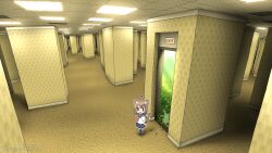  1girl ? absurdres animal_ears backrooms_(creepypasta) blue_sailor_collar blue_skirt brown_hair cactus cat_ears cat_girl day exit_sign grass highres indoors looking_at_viewer neckerchief open_door original pleated_skirt red_neckerchief sailor_collar school_uniform serafuku shapoco shirt skirt solo standing white_shirt wide_shot 