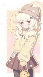  1girl absurdres animal_bag animal_ears animal_hat aoba_(blue_archive) arm_up bag beanie black_pantyhose blonde_hair blue_archive blush brown_hat brown_skirt brown_sweater closed_mouth commentary_request cowboy_shot fake_animal_ears hair_ornament hair_over_shoulder hairclip halo hand_on_headwear hat highres holding holding_bag long_hair long_sleeves low_twintails outline pantyhose pleated_skirt puffy_long_sleeves puffy_sleeves red_eyes sasakura_momiji skirt solo star_(symbol) sweater twintails 