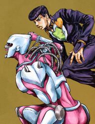  1boy 1other absurdres anchor_ornament araki_hirohiko_(style) blue_eyes bracelet brooch coat commentary_request crazy_diamond diamond_wa_kudakenai earrings faux_traditional_media gakuran green_shirt hatching_(texture) heart heart_brooch higashikata_josuke high_collar highres incoming_attack jewelry jojo_no_kimyou_na_bouken kaib0y long_sleeves open_mouth orange_lips other_focus pants parted_lips peace_symbol pompadour purple_coat purple_hair purple_pants school_uniform shirt spikes stand_(jojo) stud_earrings teeth tube yellow_background 