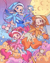  3girls :d ;d above_clouds absurdres adjusting_clothes adjusting_headwear arm_up bead_bracelet beads blue_boots blue_dress blue_eyes blue_gloves blue_hair blue_hat boots bracelet brown_eyes brown_hair castussan child clouds double_bun dress earrings english_commentary fujiwara_hazuki full_body full_moon glasses gloves gradient_background grin hair_bun hair_through_headwear happy harukaze_doremi hat highres index_finger_raised jewelry midair moon moon_with_face multiple_girls night ojamajo_doremi one_eye_closed open_mouth orange_boots orange_dress orange_gloves orange_hat outstretched_arms pendant pink_boots pink_dress pink_gloves pink_hair pink_hat rere_(ojamajo_doremi) round_eyewear senoo_aiko smile sparkle star_(symbol) star_symbol_background 