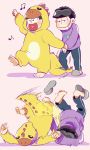  2boys :d barefoot beamed_quavers black_hair blush brothers clothes_writing comic dinosaur_costume frown half-closed_eyes happy heart heart_in_mouth holding_hands hood hood_down hoodie ichimatsu jyushimatsu long_sleeves male_focus mask_on_head multiple_boys musical_note open_mouth osomatsu-kun osomatsu-san palms pants quaver shadow shoes_removed siblings silent_comic simple_background single_shoe sleep_mask slippers slippers_removed smile soles stepping stepping_on_clothes surgical_mask track_pants tripping walking xxxceller 