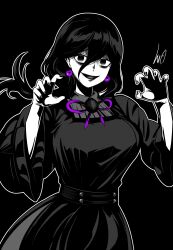  1girl absurdres alternate_breast_size_(larger) breasts claw_pose commentary dress earrings empty_eyes english_commentary greyscale hair_between_eyes hex_maniac_(pokemon) hex_maniac_(pokemon_legends:_z-a) highres jewelry large_breasts long_hair lughost monochrome open_mouth pokemon pokemon_legends:_z-a smile solo spot_color upper_body wide_sleeves 