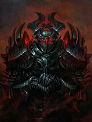  1boy armor black_armor breastplate chaos_(warhammer) demon_horns divine_being fantasy full_armor gauntlets greaves halo hands_on_hilt highres hilt holding holding_sword holding_weapon horns khorne klaher_baklaher looking_at_viewer pauldrons red_eyes red_halo red_theme shoulder_armor sign_of_khorne solo spiked_pauldrons spikes sword warhammer_40k weapon 