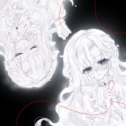  1girl black_background bloom closed_eyes dress greyscale hands_up highres holding holding_string interlocked_fingers isolde_(reverse:1999) juliet_sleeves long_hair long_sleeves looking_at_viewer lv11 monochrome multiple_views own_hands_together parted_lips puffy_sleeves reverse:1999 rotational_symmetry smile spot_color string string_of_fate upside-down violet_eyes 