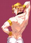  armband birthmark black_nails blonde_hair choker dio_brando fingernails from_behind hand_behind_head hand_on_hip highres huang_dian joestar_birthmark jojo_no_kimyou_na_bouken long_fingernails looking_back nail_polish orange_eyes polka_dot polka_dot_background scar shirtless smile wrist_cuffs 